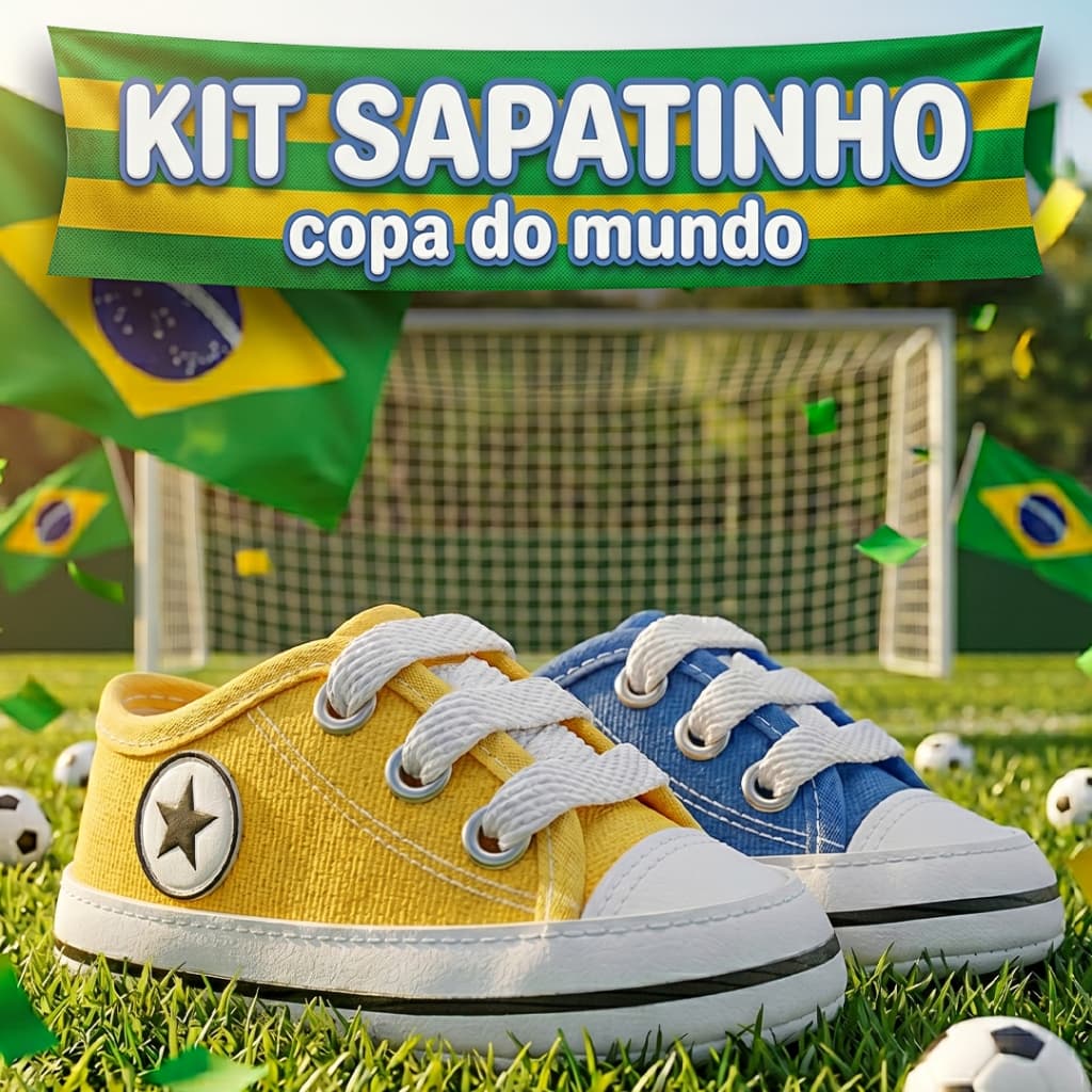 KIT Sapatinho Bebê Copa do Mundo Brasil Antialérgico Patriota Verde Amarelo Recém Nascido