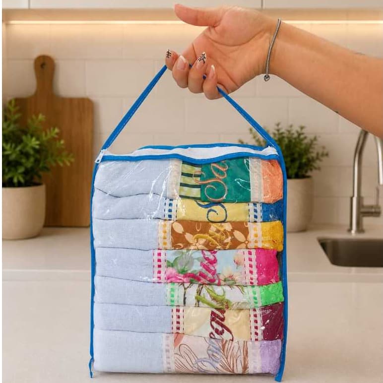 Kit Semaninha Panos de prato 100% Algodão Bordado 07 unidades  com Bolsa Estojo Ziper