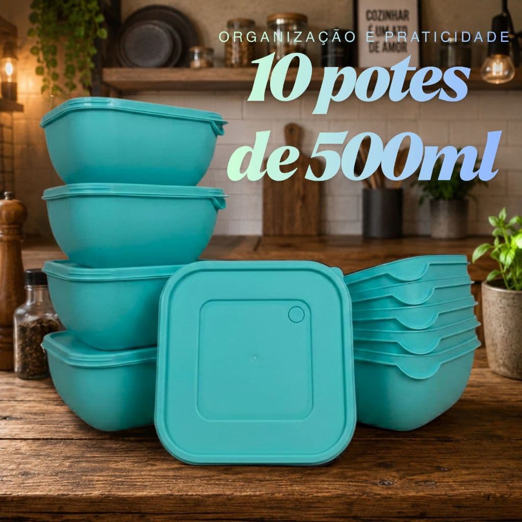 Kit 10 Potes Quadrados Herméticos de Plástico com Tampa – Empilháveis e Resistentes