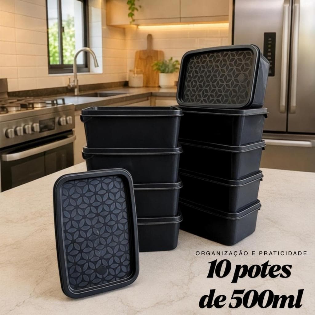 Conjunto 10 Potes Retangulares Herméticos de Plástico com Tampa