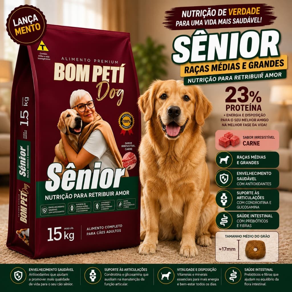 Ração Cachorro Sênior 15Kg Bom Petí Dog Raças Médias Grandes Premium Carne