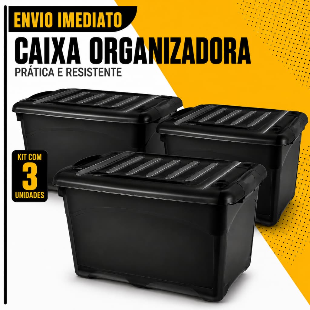Kit 3 Unidades Caixa Organizadora 95 Litros Preta Com Rodinhas e Trava Para Transporte HeavyBox