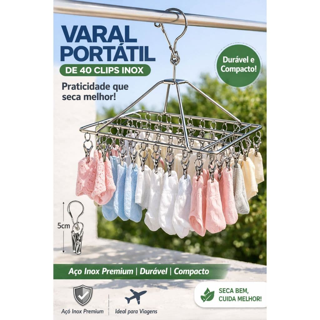 Varal de 40 Clips Inox Retrátil Cabide Roupas Íntimas Meias Peças Pequenas Resistente Compacto Viral