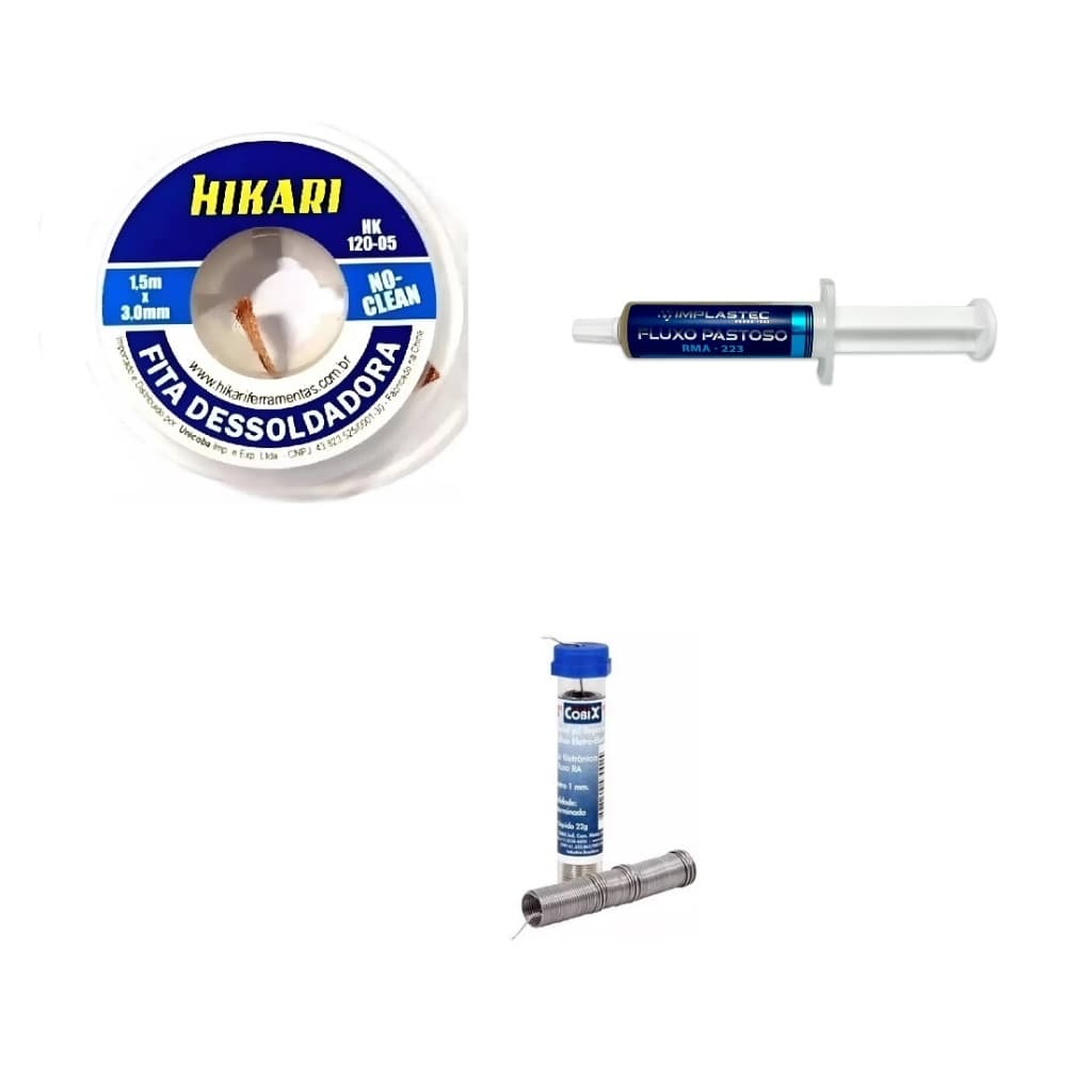 Malha Dessoldadora Hikari 3mm + Tubinho Solda Cobix 1mm + Fluxo Pastoso Implastec RMA-233