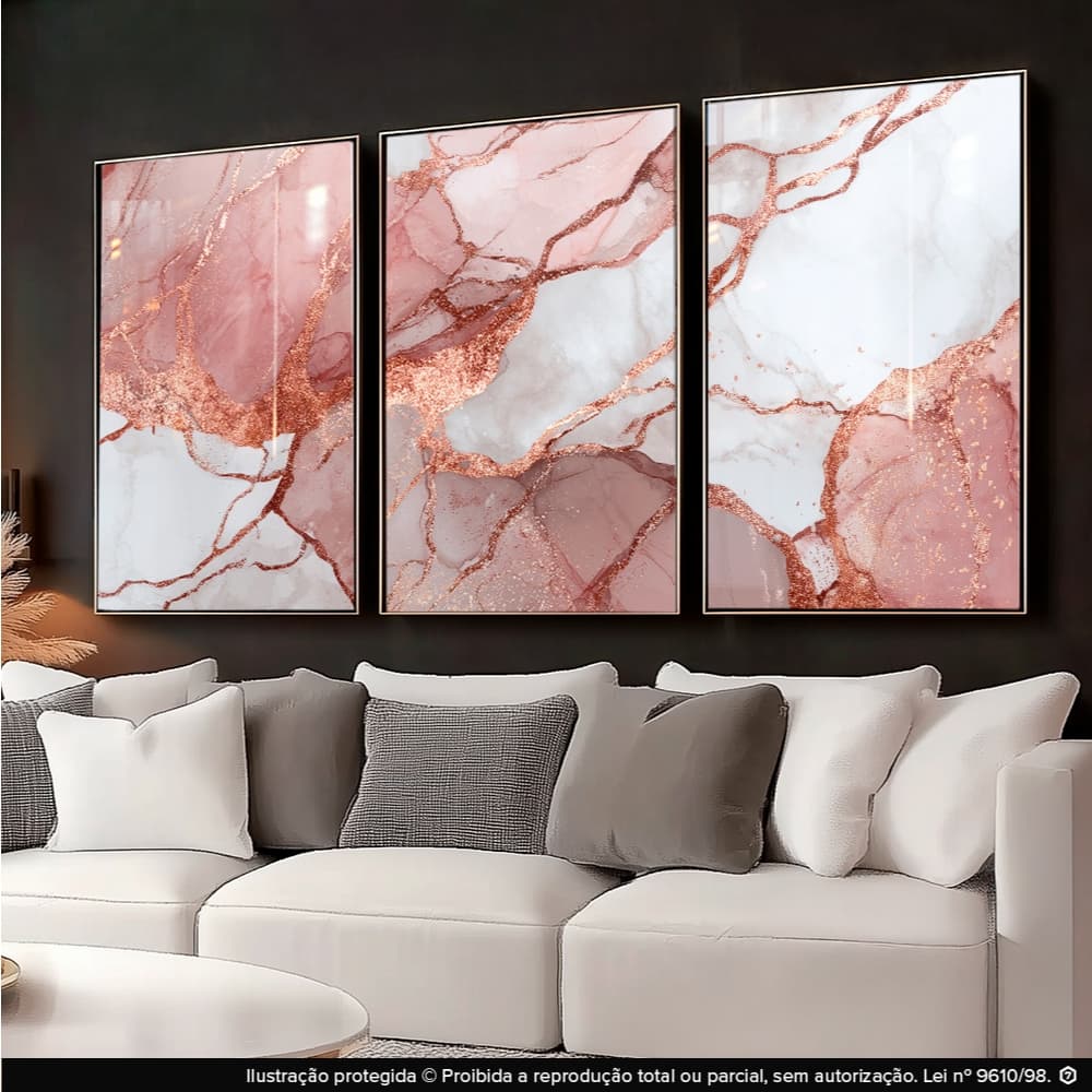 Quadros Decorativos Abstrato Mármore Rosa Rose Gold Dourado Para Sala 122x60