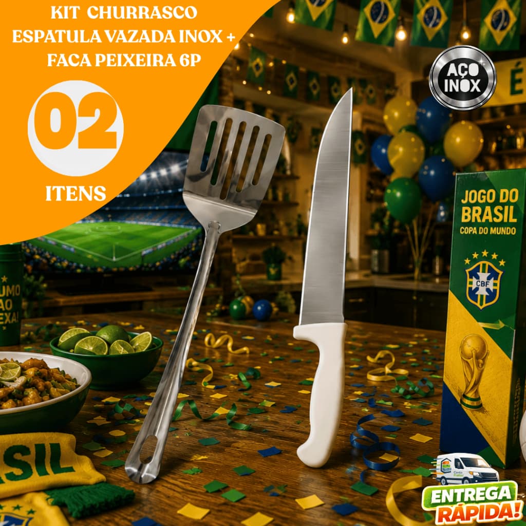 Kit Brasil 02/04 Espatula Vazada e Faca Peixeira 6 Polegadas Churrasco Profissional Copa do Mundo