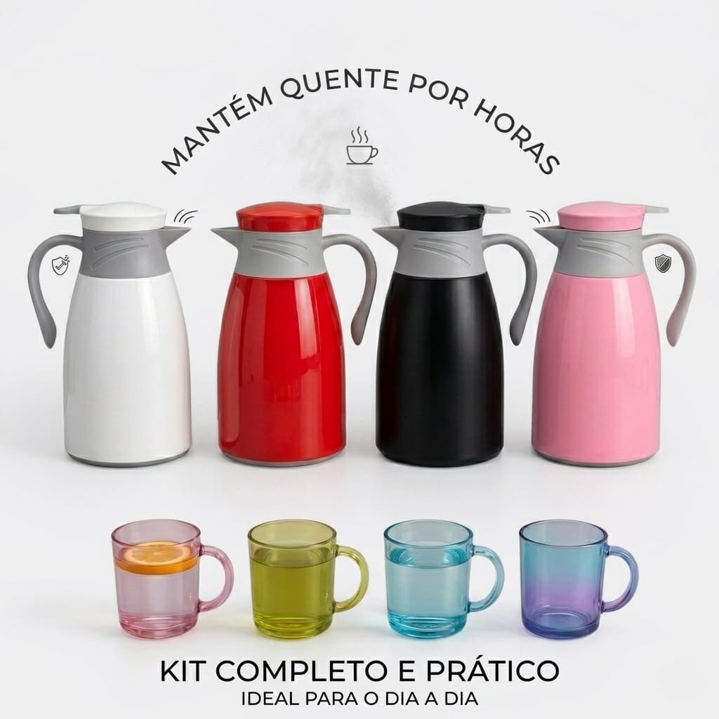 Kit garrafa térmica 1L com 4 xicaras sortida, resistente conserva bebida- cores