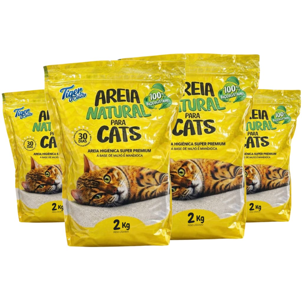 KIT COM 4 AREIA HIGIÊNICA NATURAL BIODEGRADÁVEL MILHO E MANDIOCA PARA GATOS TIGER CATS 2KG