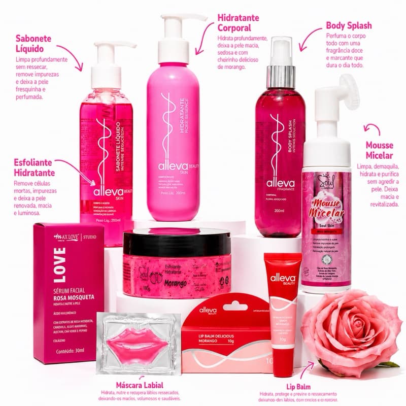 KIT SKINCARE MORANGO 8 ITENS Hidratação Profunda Spa Facial Glow Completo Profunda Glow Spa Facial Corpo e Rosto