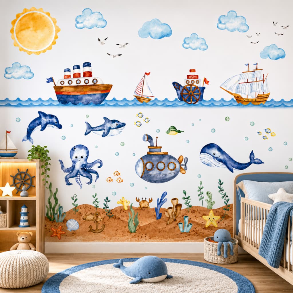 Papel de Parede Infantil Unissex Fundo do Mar – Adesivo Vinílico por m² Tema Náutico com Barcos e Animais
