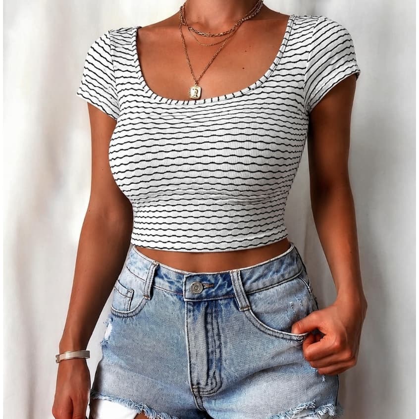 Blusa Cropped Canelado Feminino Listrado Elegante Verão Tendência Blusinha