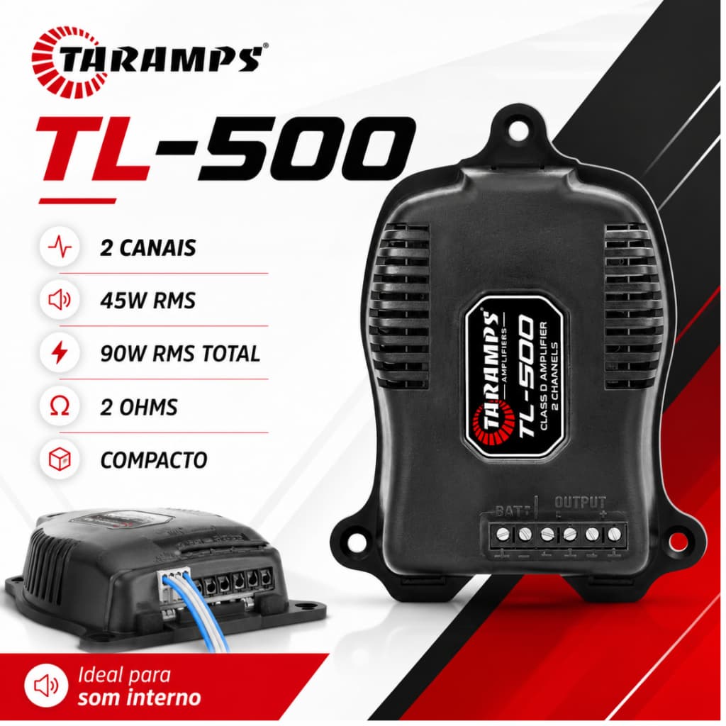 Módulo Taramps TL500 90W RMS 2 Canais 2 Ohms Para Alto Falante de Porta Som Interno