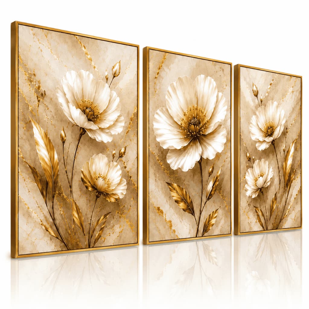 Quadros Decorativos 3 Peças Sala Escritórios Floral Bege e Dourado Tríptico Luxo Moderno