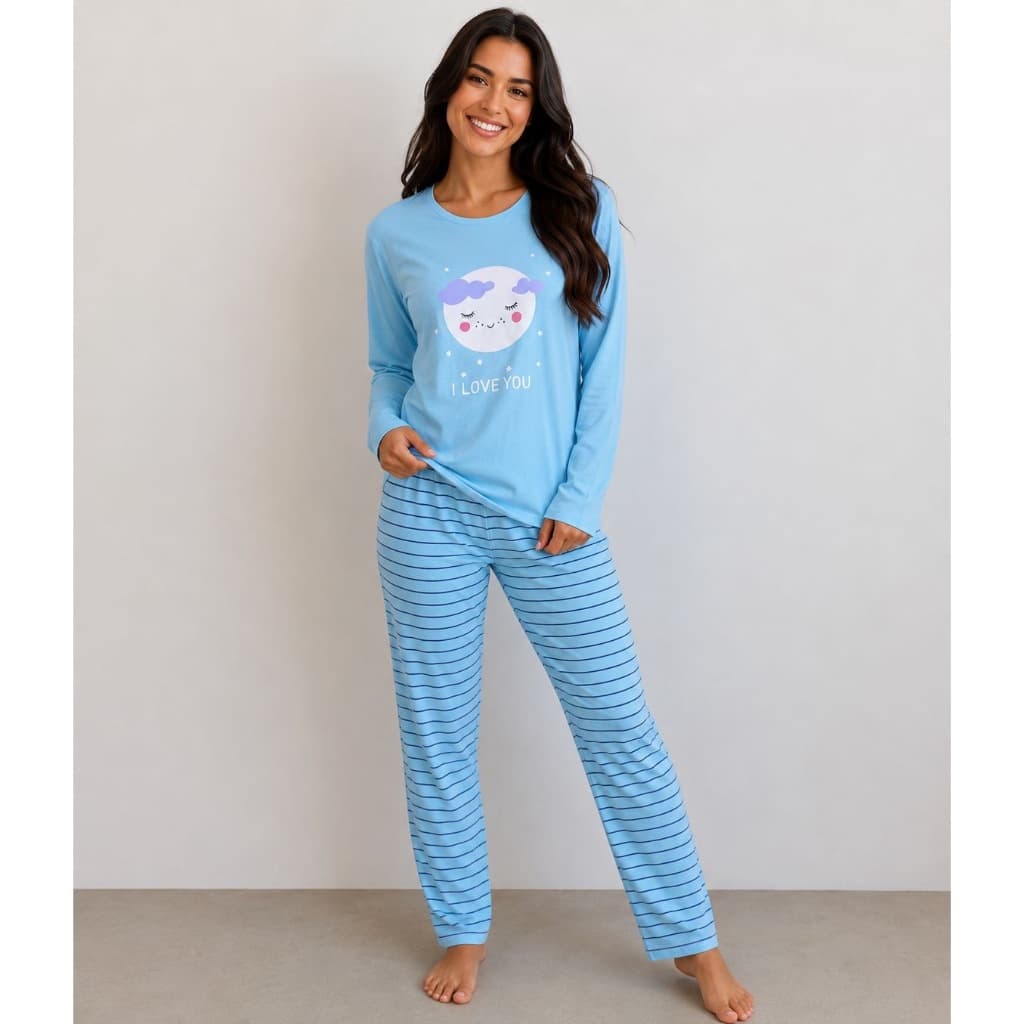Pijama Feminino Longo Lua “I Love You” – Conjunto de Malha Confortável Manga Longa com Calça Listrada
