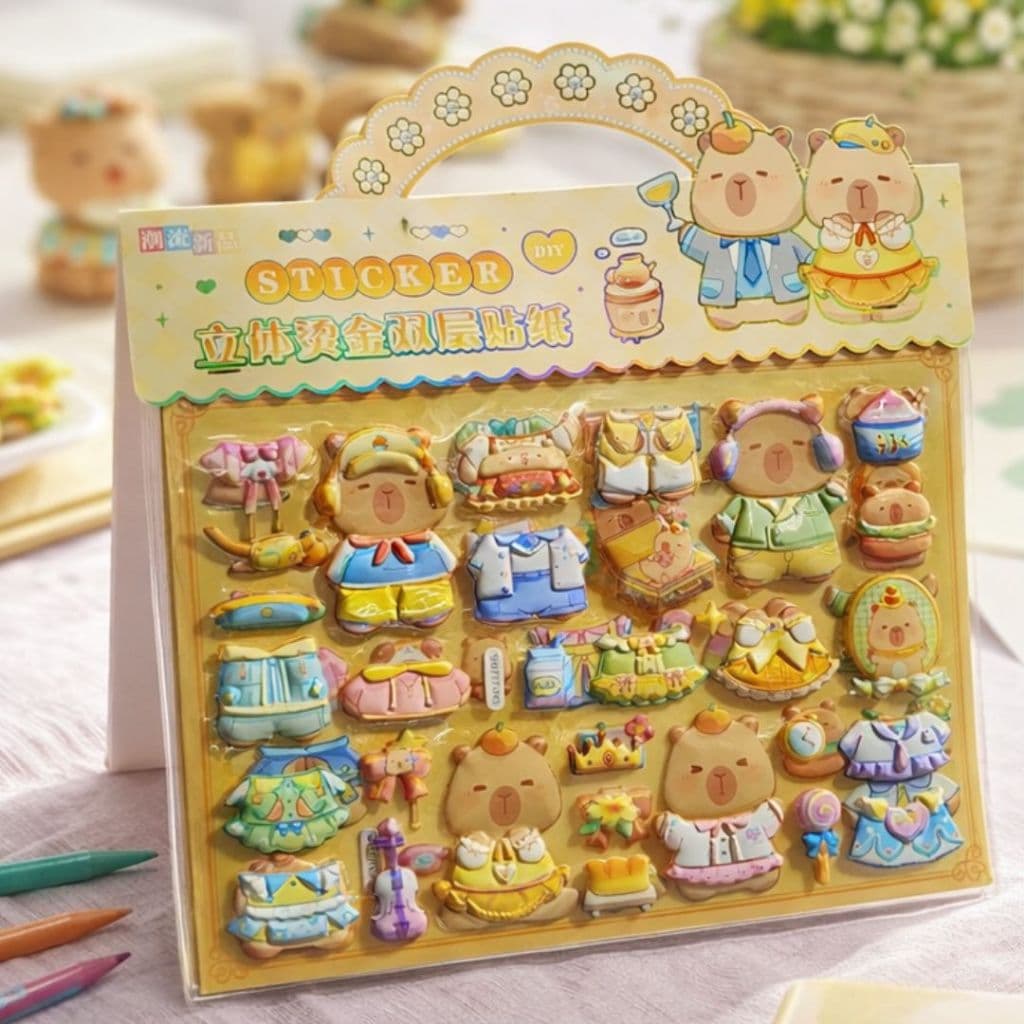 Cartela Grande Adesivos Stickers Puffy 3D Capivara Bonecas | Roupas Acessórios Cenários