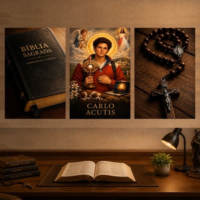 Kit 3 Quadros Católicos Carlo Acutis Bíblia Sagrada e Rosário