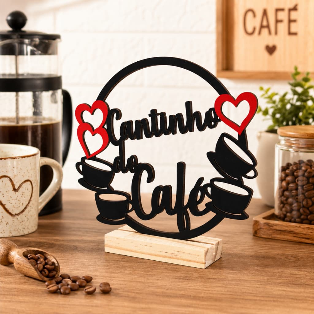 Cantinho do Café Placa Decorativa MDF Base de Pinus Enfeite Mesa Cozinha Gourmet Corações e xícaras