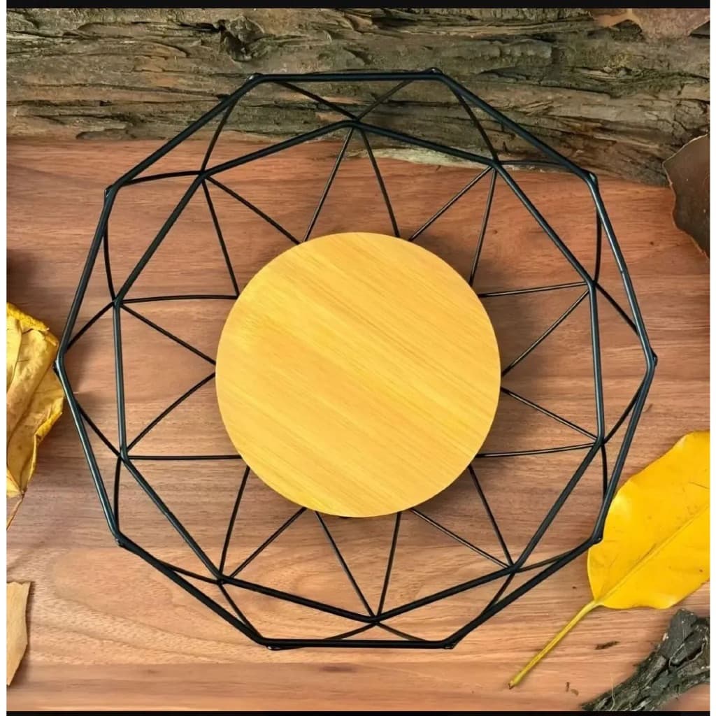 Fruteira De Mesa Bowl Preto Metal E Bambu 26x26x10cm