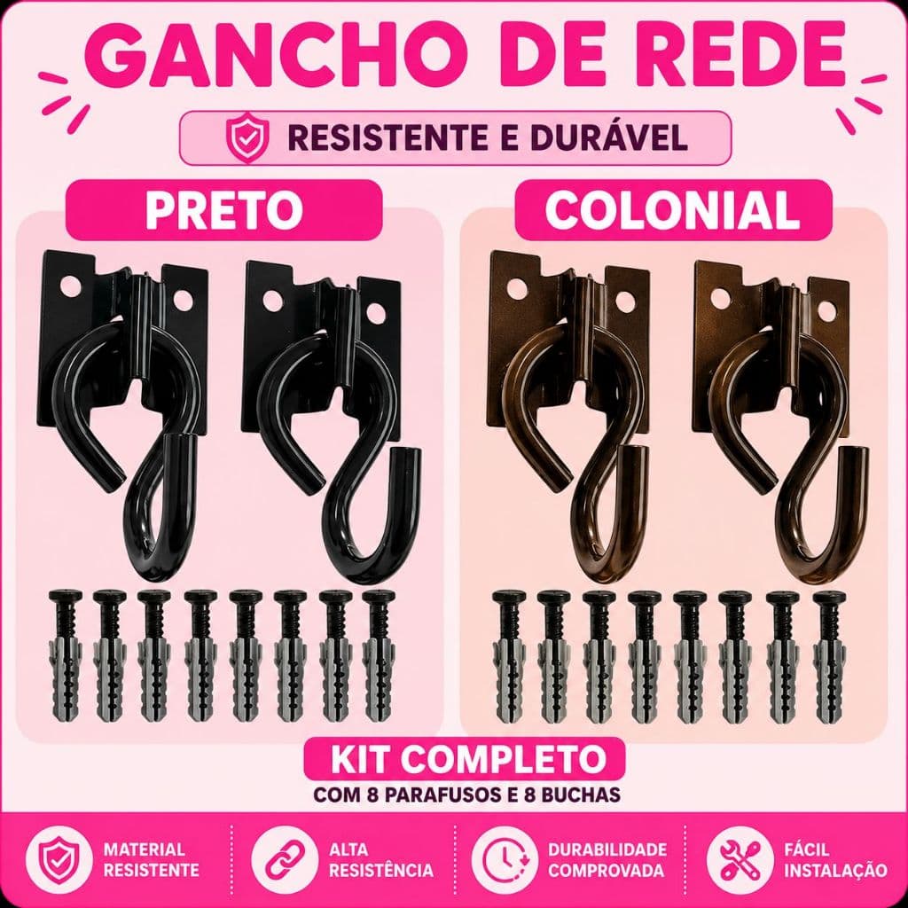 GANCHO DE REDE COLONIAL OU PRETO REFORÇADO +  KIT COM 8 BUCHAS E 8 PARAFUSOS
