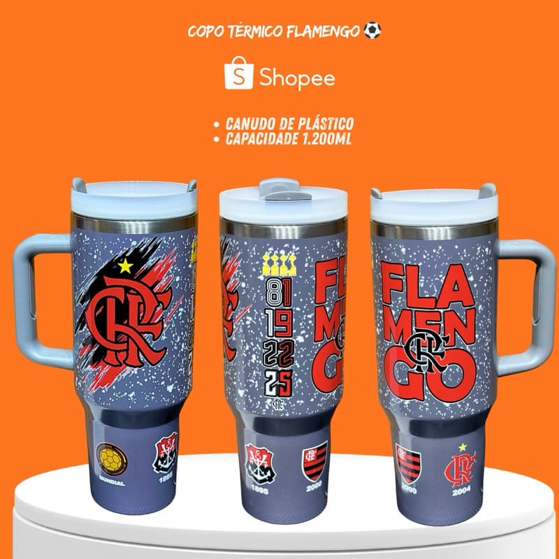 ⚽️🔴⚫️ Copo Térmico 1.200ml com Canudo e Alça - Mostre sua Paixão Por Futebol ⚽️🔴⚫️