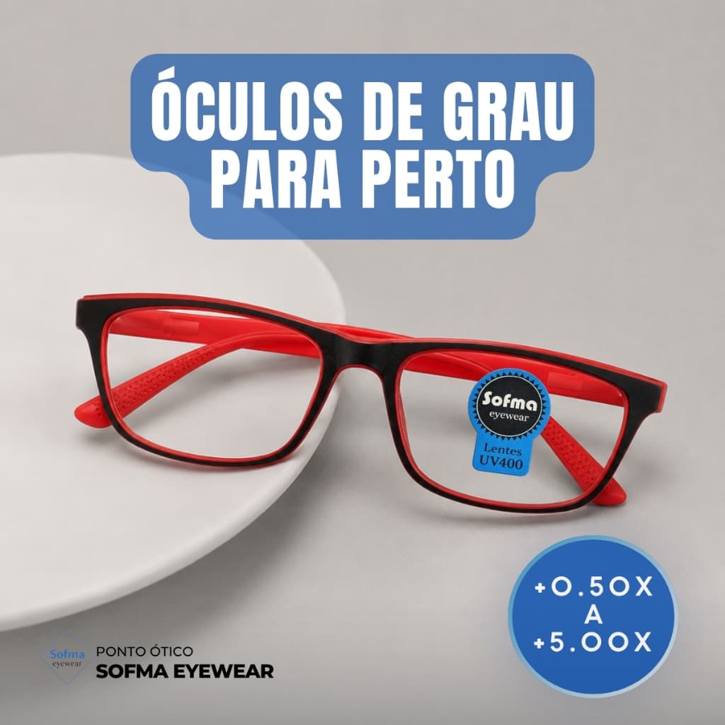Armação Óculos com Grau +1.00 até +5.00 Leitura Perto Vermelho com Preto Emborrachado