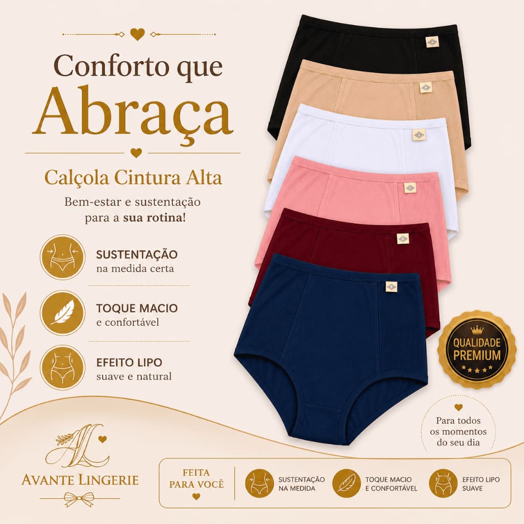 Kit Calcinhas Cintura Alta Feminina Calçola Senhora Hot Pants Plus Size Modeladora Pós-Parto
