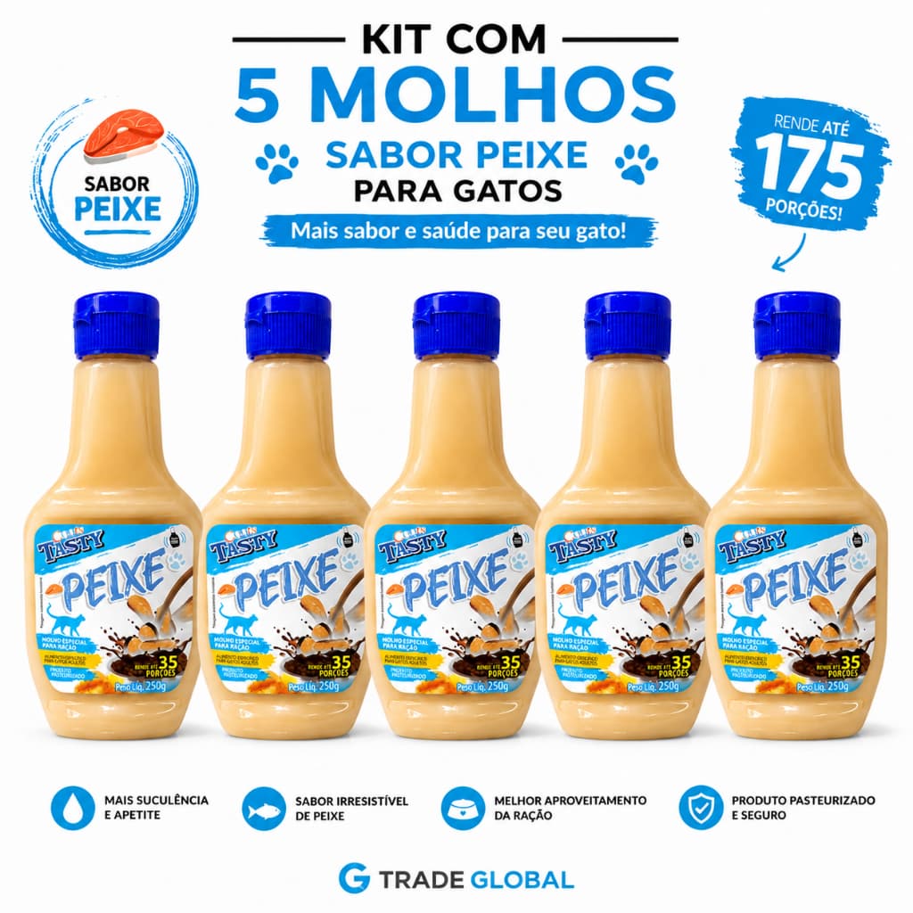 Kit Com 05 Molhos TASTY Para Rações De Gatos Sabor Peixe 250 G -IDEAL PARA SEU GATO