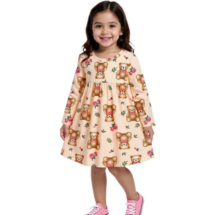 Vestido Infantil Menina Em M/Malha 100% Algodao Ursinho Kyly