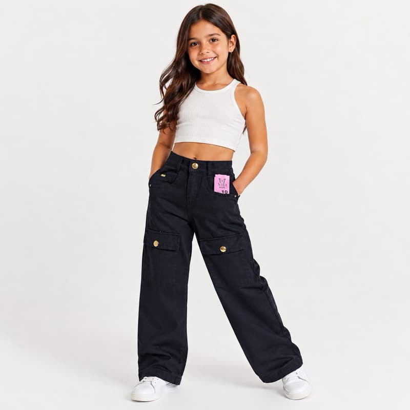 Calça Jeans Cargo Infantil e juvenil Wide Leg Menina com Regulagem na Cintura Preta 2 ao 8