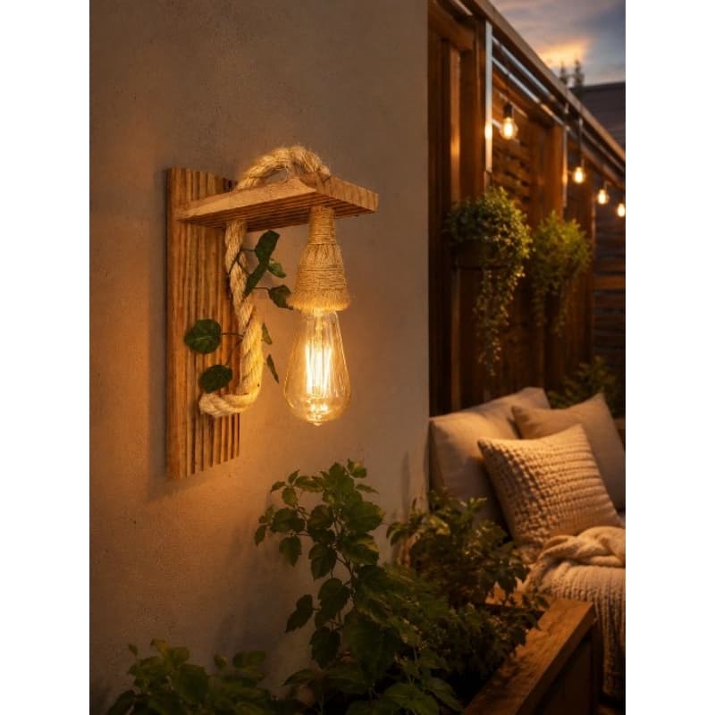 Arandela Parede Madeira Retro Vintage Rustico Bar Corredor Corda Sisal Decoração Cozinha Parede