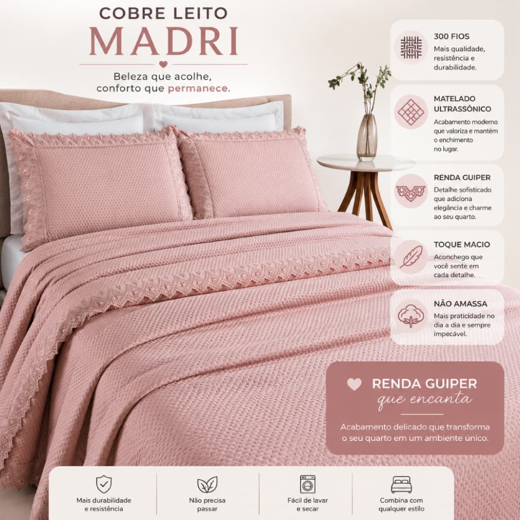 Kit 1 Cobre Leito Queen 2,60m x 2,40m Percal 300 Fios Bordado Renda Guipir e 2 Porta-Travesseiros