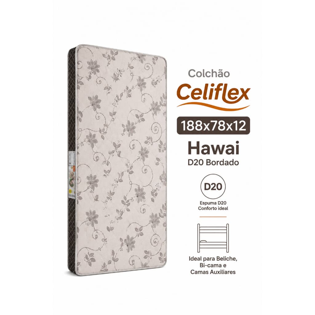 Colchão Solteiro Beliche D20 Hawai Bordado 78x188x12cm