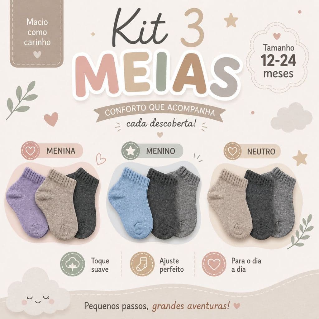 Kit 3 Pares De Meia Lisa Cano Baixo Infantil Menina E Menino 12 Á 24 Meses KITBB-K3