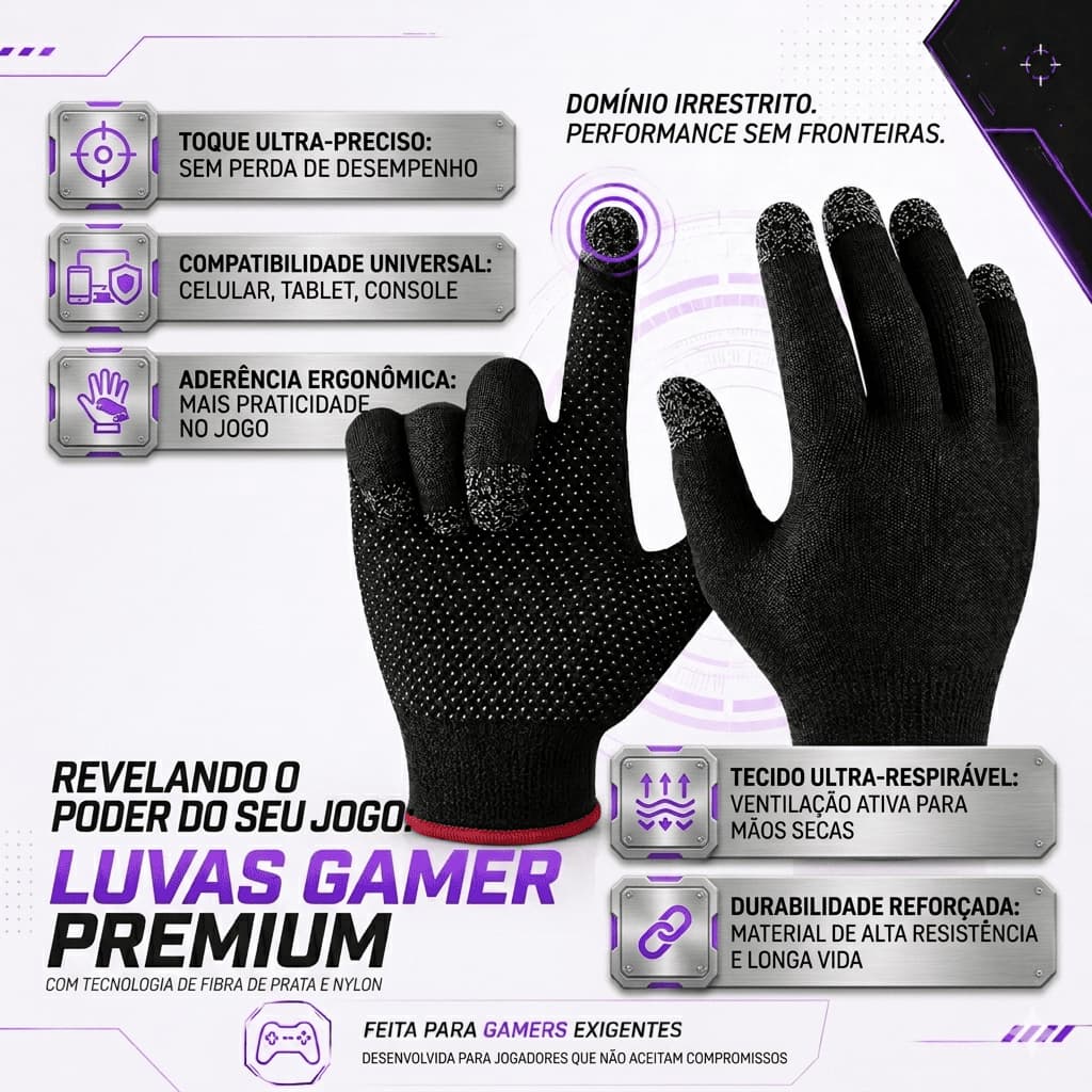 Luva Gamer em Fibra Prateada Soft Touch Antissuor com Alta Precisão para Jogos FPS Free Fire PUBG
