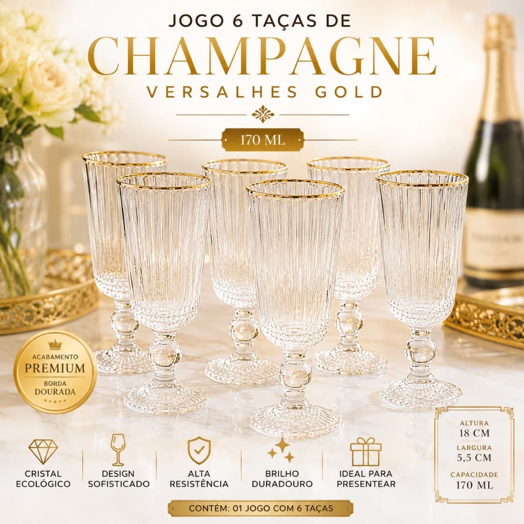 Kit 6 Taças Champagne 170ml Vidro Gold Luxo Versalhes Elegante Espumante Festa jantar mesa Presente
