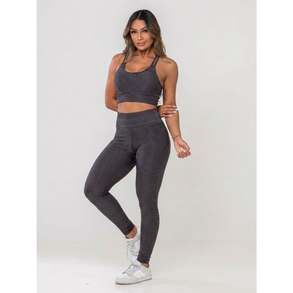 Conjunto Academia Feminino Top e Legging Canelado Texturizado Fitness Moda Ginástica Push Up