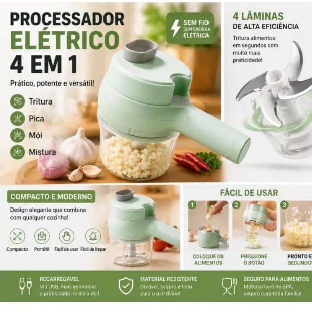 Processador Fatiador Triturador Elétrico de Alimentos - Multifuncional e Escova de Limpeza Sem Fio