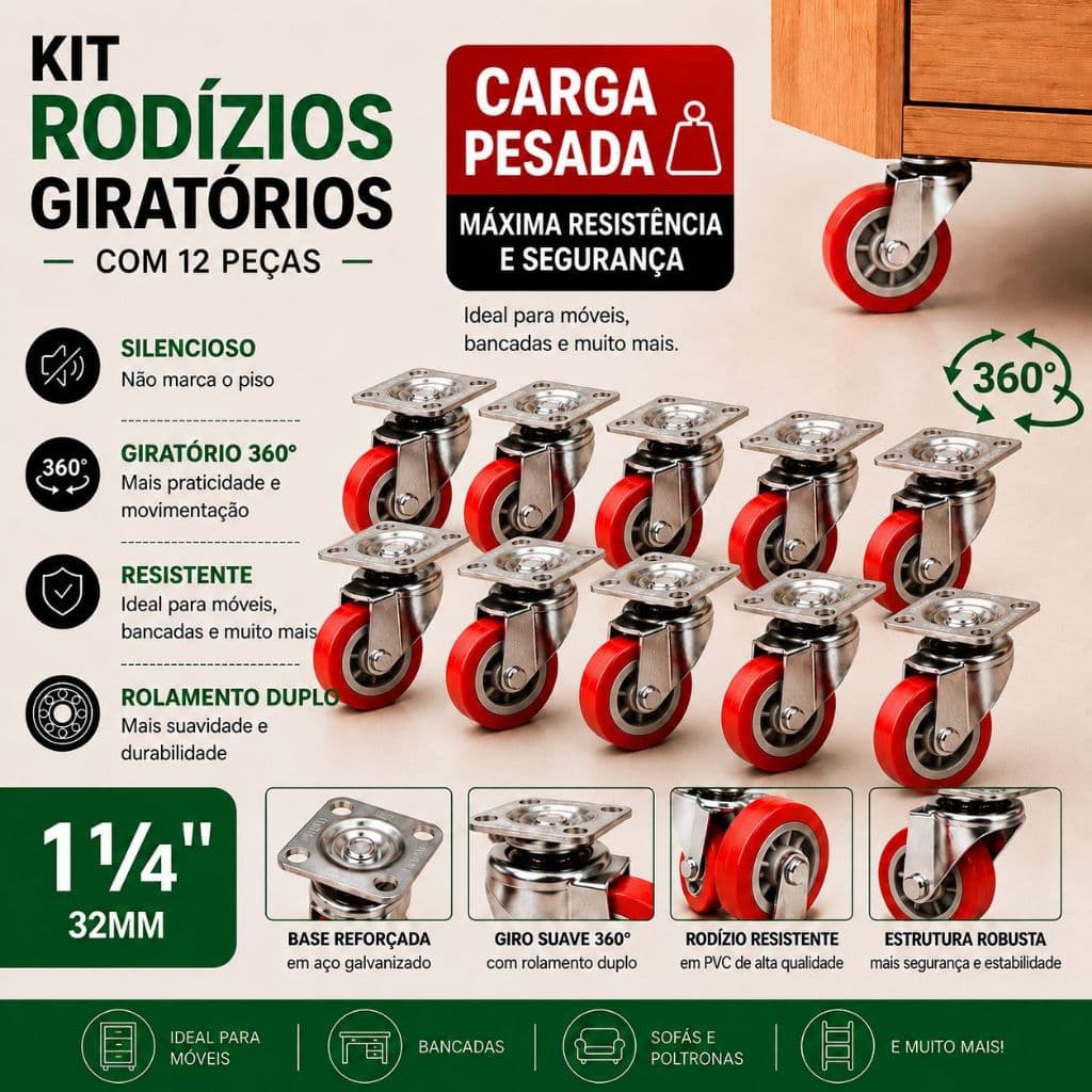 Kit 12 ou 16 ou 20 Rodinhas Giratórias para Carga Pesada 1 1/4 32 mm Rodizio Reforçado Vaso Estantes