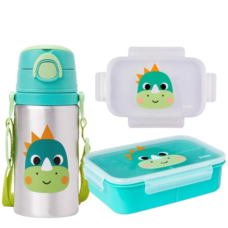 Kit Escolar Passeio C/ Marmita Hermético e Garrafinha Alumínio Bico Silicone Buba
