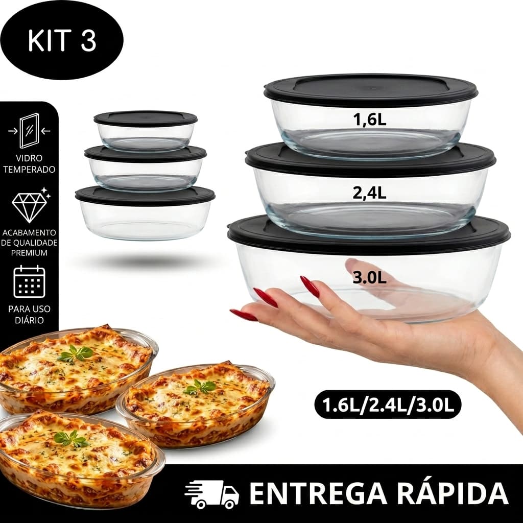 Kit Jogo de 3 Assadeiras de Vidro Temperado Oval Com Tampa 1,6L/2,4L/3,0L Vai ao forno tipo marinex