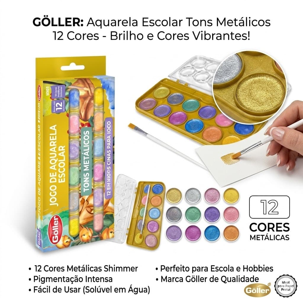 Jogo Aquarela Cor Metálica Estojo Com 12 Cores Göller