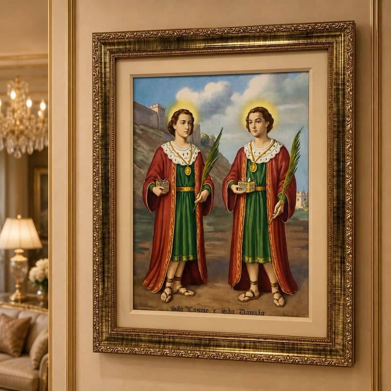 Quadro Cosme e Damião  – Quadro Resinado – 40x50 – Moldura Dourada