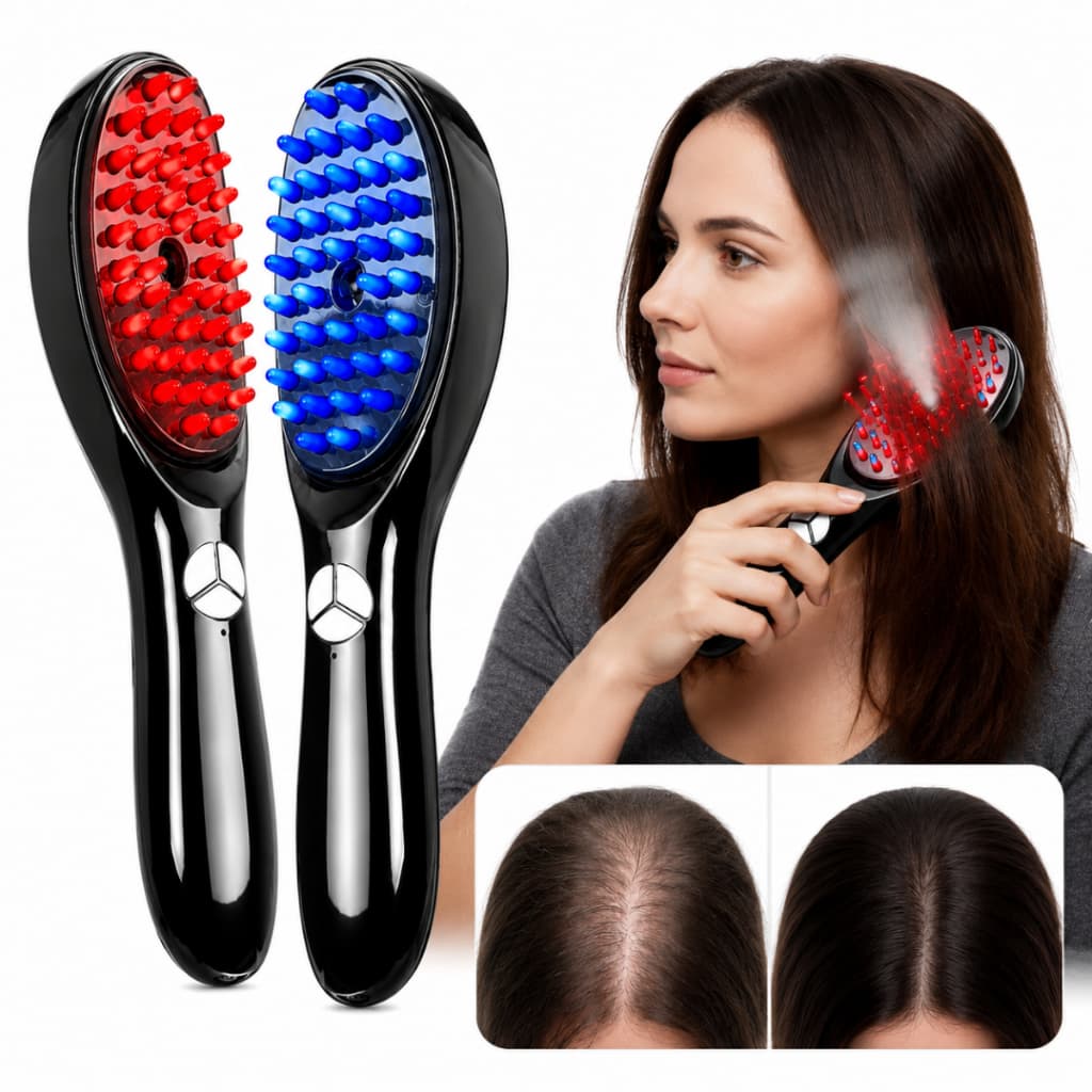 Escova Massageadora Capilar 4 Em 1 Luz Led Terapêutico Azul Vermelha Vapor Tônico Cabelo