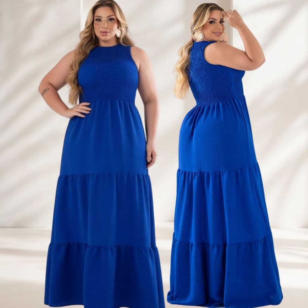 Vestido Longo Plus Size Regata Cavado Lastex Feminino Moda Evangélica Gola Alta Elegante Casual Chic Confortavel.