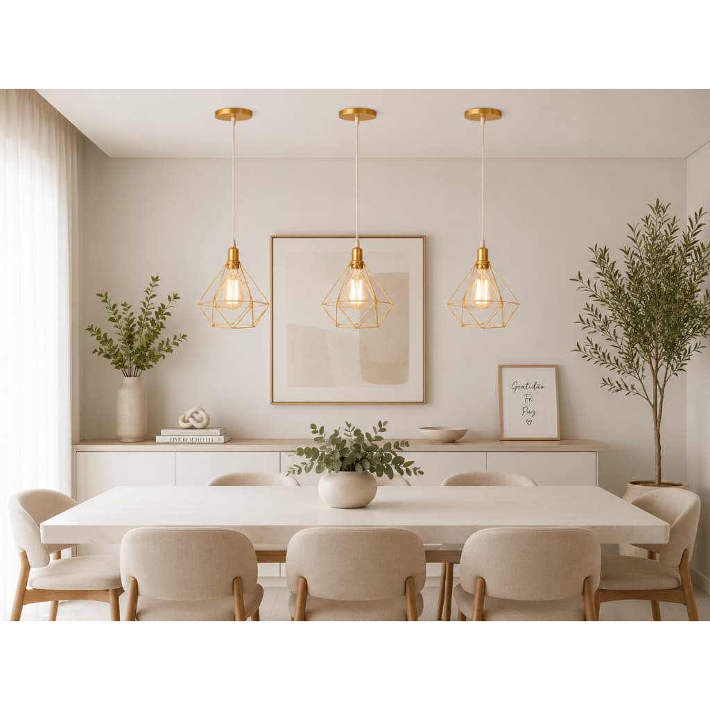 Lustre Luminária de Teto Pendente Aramado Diamante  Kit 3 Unidades Retro Industrial Área Gourmet