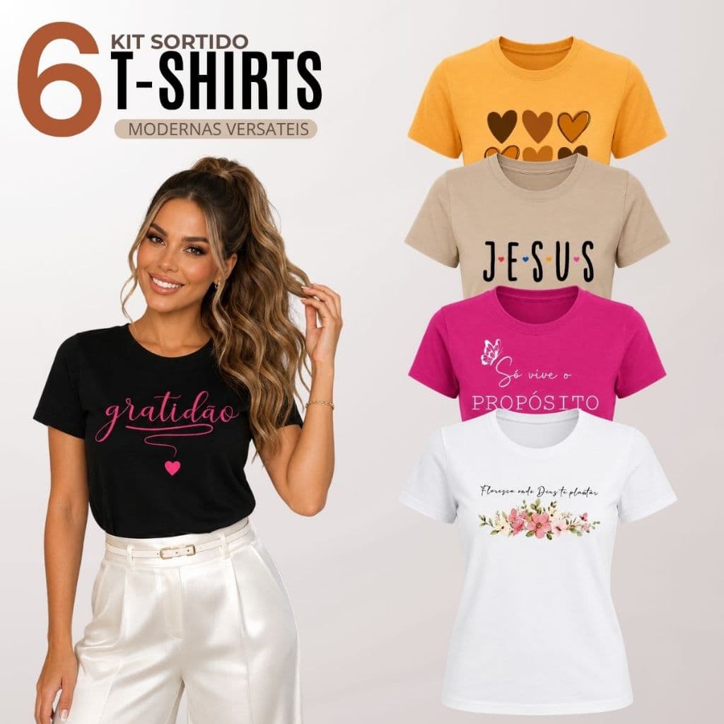 Kit 6 Blusas Baby Look Feminina T-Shirt Casual Básica Manga Curta Gola Redonda 100% Algodão