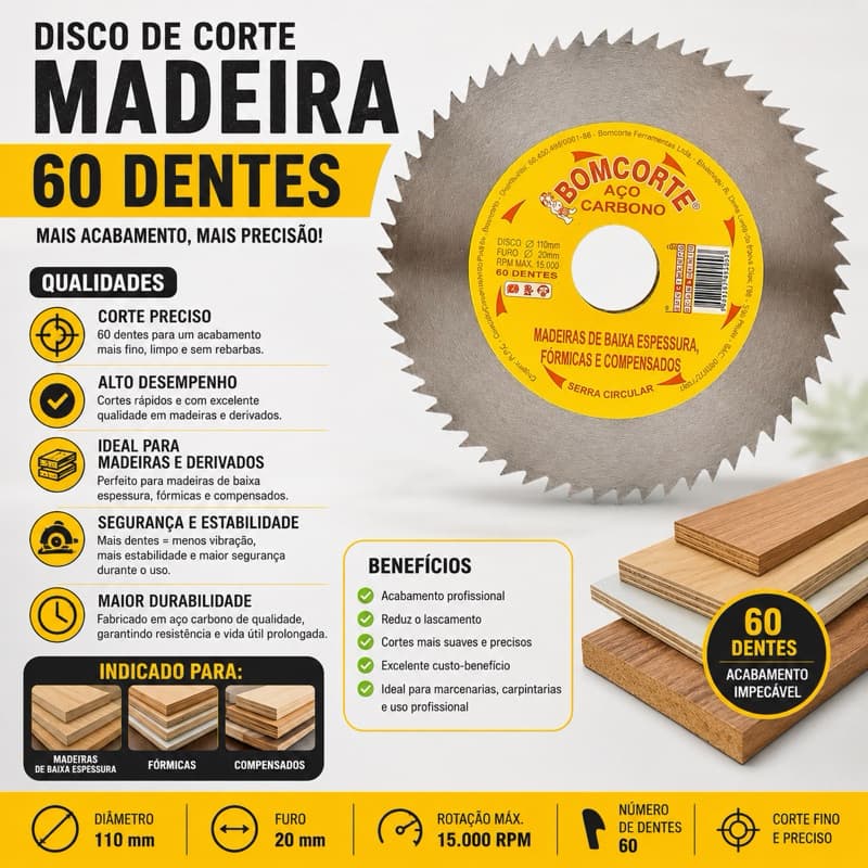 Disco de Corte para Madeira 60 Dentes 110mm Serra Circular Corte Fino Preciso Aço Carbono