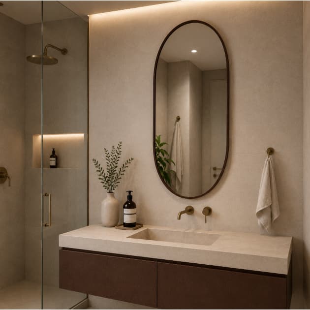 Espelho Oval Decorativo 80x50cm Moldura Couro Moderno com Suporte