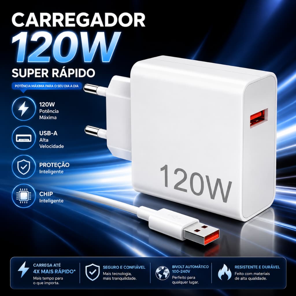 Kit Carregador Turbo 120W USB-A Cabo 6A 1M Carregamento Super Rápido Android Xiaomi Redmi