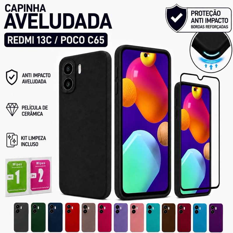 Capinha Capa Redmi 13C / Poco C65 Anti Impacto Aveludada + Película de Cerâmica